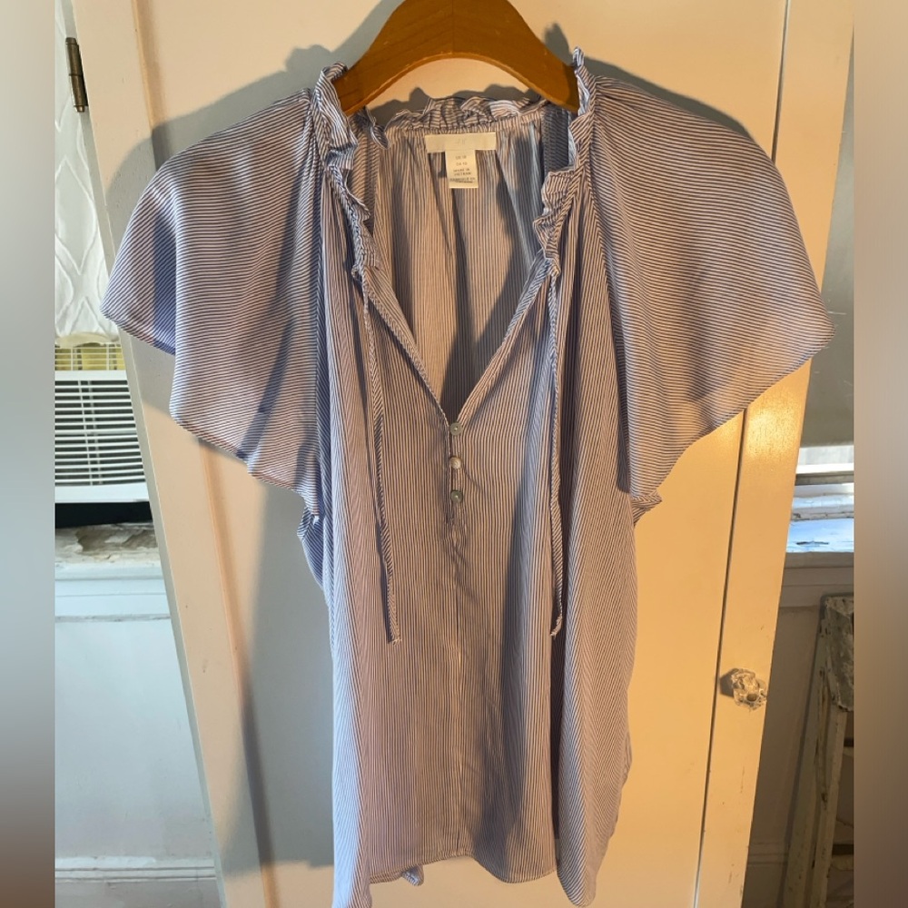 Pinstripe Ruffle Sleeve Blouse